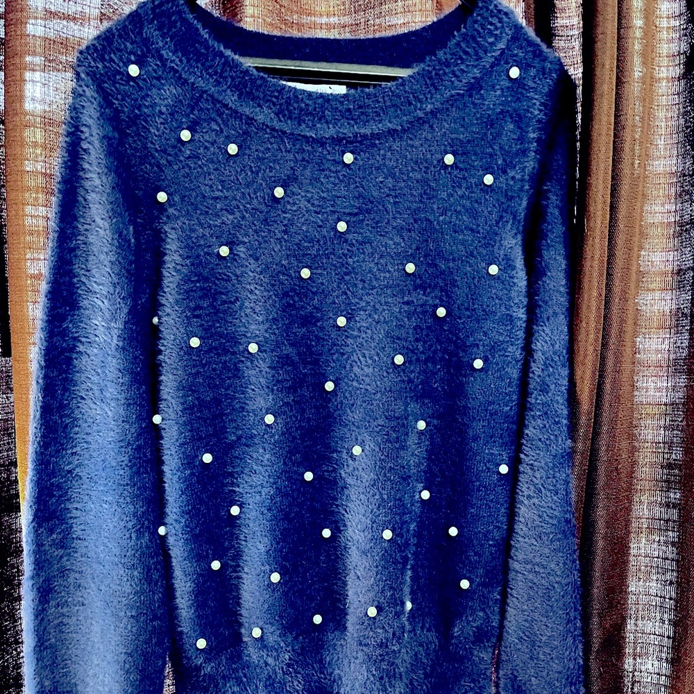 Nanette Lepore Blue Crew Neck Sweater with Elegant Embellishments